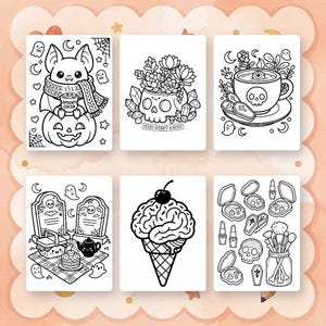 Puede incluir: Un set de seis p&aacute;ginas para colorear en blanco y negro con temas espeluznantes. Los dise&ntilde;os incluyen un murci&eacute;lago con bufanda sosteniendo una taza que dice Spooky Cocoa, una maceta de calavera, una taza con un ojo, un picnic en un cementerio, un helado de cerebro y maquillaje con calaveras.