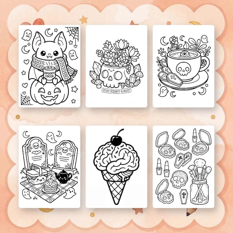 Puede incluir: Un set de seis p&aacute;ginas para colorear en blanco y negro con temas espeluznantes. Los dise&ntilde;os incluyen un murci&eacute;lago con bufanda sosteniendo una taza que dice Spooky Cocoa, una maceta de calavera, una taza con un ojo, un picnic en un cementerio, un helado de cerebro y maquillaje con calaveras.