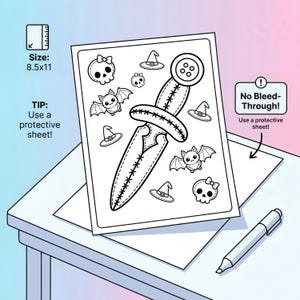 May include: Black and white coloring page with Halloween-themed illustrations, including bats, witch hats, and skulls. The page features a large dagger design and the text "Size: 8.5x11" and "Use a protective sheet!"