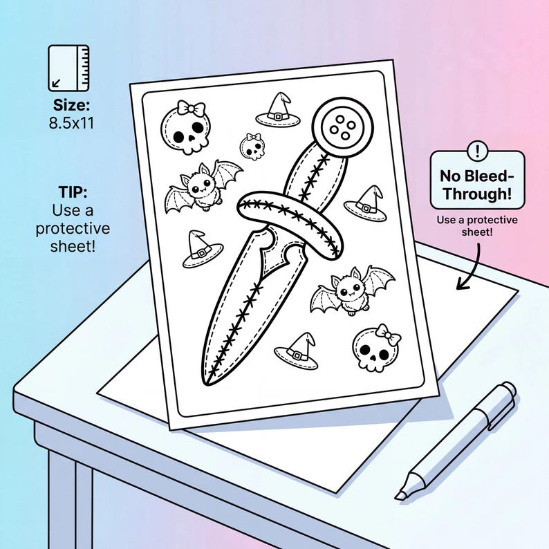 May include: Black and white coloring page with Halloween-themed illustrations, including bats, witch hats, and skulls. The page features a large dagger design and the text "Size: 8.5x11" and "Use a protective sheet!"