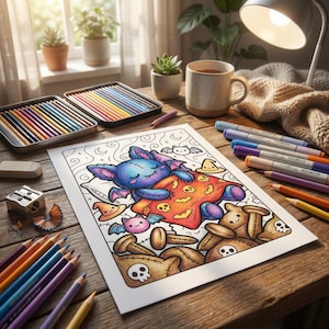 May include: A coloring page featuring a cartoon bat wrapped in a blanket with Halloween-themed illustrations. Colored pencils, markers, and a cup of coffee are on a wooden table, alongside a pencil sharpener and eraser.
