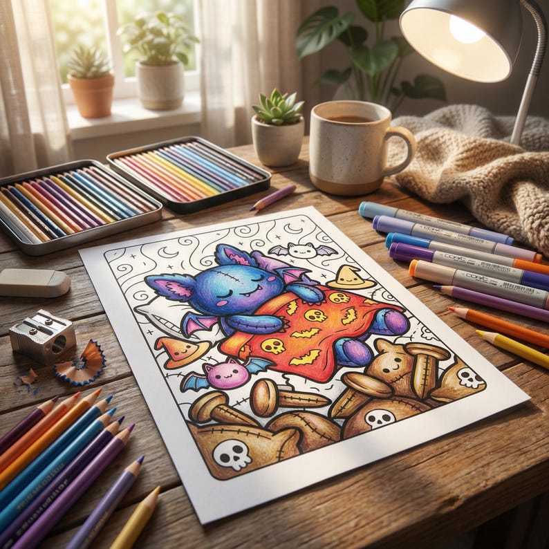 May include: A coloring page featuring a cartoon bat wrapped in a blanket with Halloween-themed illustrations. Colored pencils, markers, and a cup of coffee are on a wooden table, alongside a pencil sharpener and eraser.