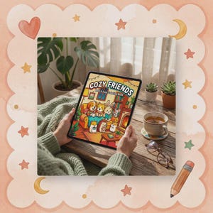 May include: A person holding a tablet displaying a "Cozy Friends" coloring book cover. The illustration features cartoon animals in a cozy living room setting. A cup of tea, glasses, and a pencil are on a wooden table.