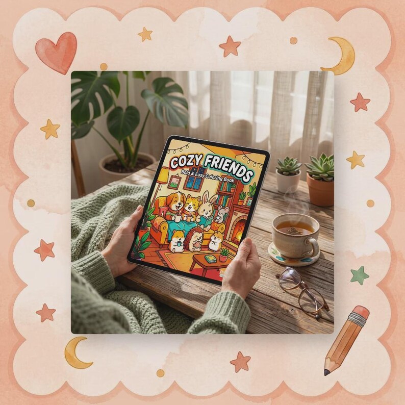 May include: A person holding a tablet displaying a "Cozy Friends" coloring book cover. The illustration features cartoon animals in a cozy living room setting. A cup of tea, glasses, and a pencil are on a wooden table.