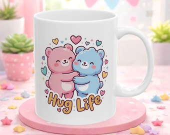 Ceramic Hug Life Bear Mug, Pastel Kawaii Coffee Cup