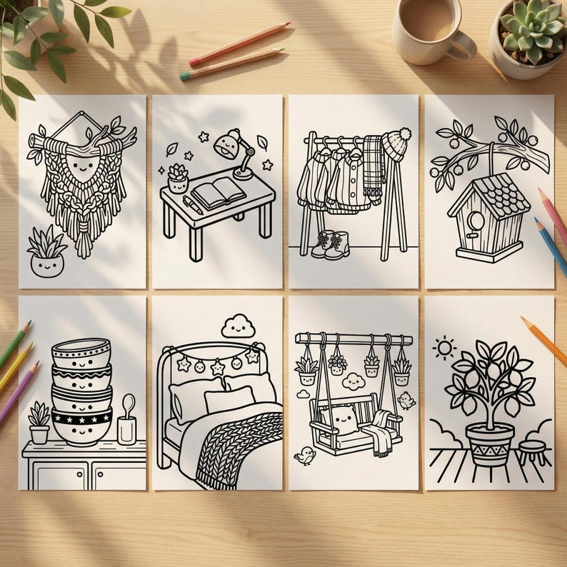 A printed coloring page of a cozy bedroom scene lying on a light wooden table surrounded by aesthetic markers and a cozy knitted blanket in the background.