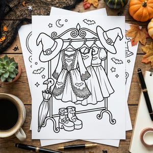 Puede incluir: Dibujo en blanco y negro de ropa y accesorios con tem&aacute;tica de Halloween. La imagen incluye vestidos, sombreros de bruja, botas con detalles de calaveras y un paraguas. Los art&iacute;culos se muestran en un perchero decorativo, con murci&eacute;lagos y estrellas.