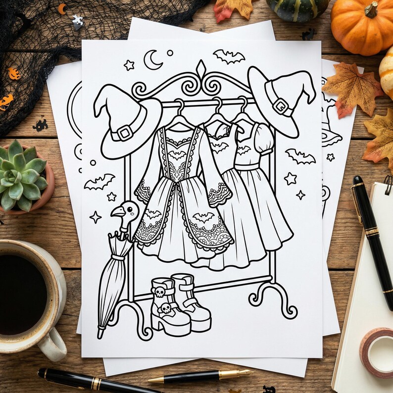 Puede incluir: Dibujo en blanco y negro de ropa y accesorios con tem&aacute;tica de Halloween. La imagen incluye vestidos, sombreros de bruja, botas con detalles de calaveras y un paraguas. Los art&iacute;culos se muestran en un perchero decorativo, con murci&eacute;lagos y estrellas.