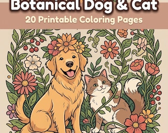 Libro de Colorear Perros y Gatos PDF Descarga Digital, Arte Botánico Mascotas, 22 Páginas Imprimibles Line Art