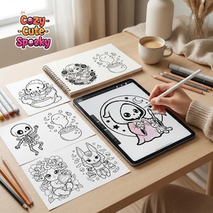 May include: A digital illustration of a Grim Reaper character holding a stuffed animal, being drawn on a tablet with a stylus. The image is surrounded by other black and white drawings of cute spooky characters. The words "Cozy-Cute-Spooky" are in the top left corner.