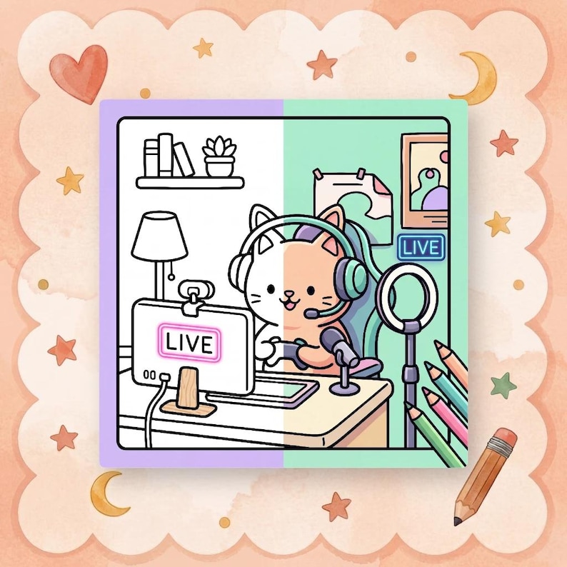 High resolution coloring page of a bunny gamer surrounded by snacks and retro gaming gear with clean thick black lines.