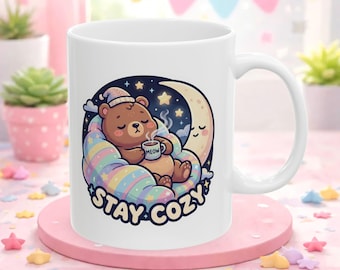 Bear Sleeping on Moon Ceramic Mug, Cozy Winter Drinkware, Pastel Kawaii Coffee Cup