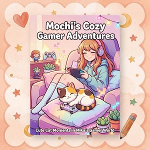 Puede incluir: Ilustración de una persona con auriculares jugando a un juego portátil, sentada en una silla. Un gato descansa sobre una almohada con un mando de juego. La imagen se titula "Mochi's Cozy Gamer Adventures" y "Cute Cat Moments in Mika's Gamer World."