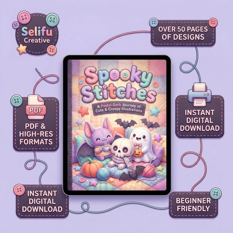 May include: A digital download titled "Spooky Stitches" on a tablet. The cover art features cute, pastel-colored illustrations of a bat, ghost, and skull. Additional text includes "Over 50 Pages of Designs", "Instant Digital Download", and "Beginner Friendly".