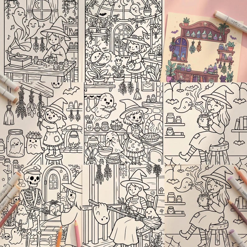 May include: A collection of black and white illustrations featuring witchy themes. The images depict witches, ghosts, and various magical elements. Scenes include potion-making, baking, and enjoying tea. The artwork has a whimsical, cartoonish style, perfect for coloring.