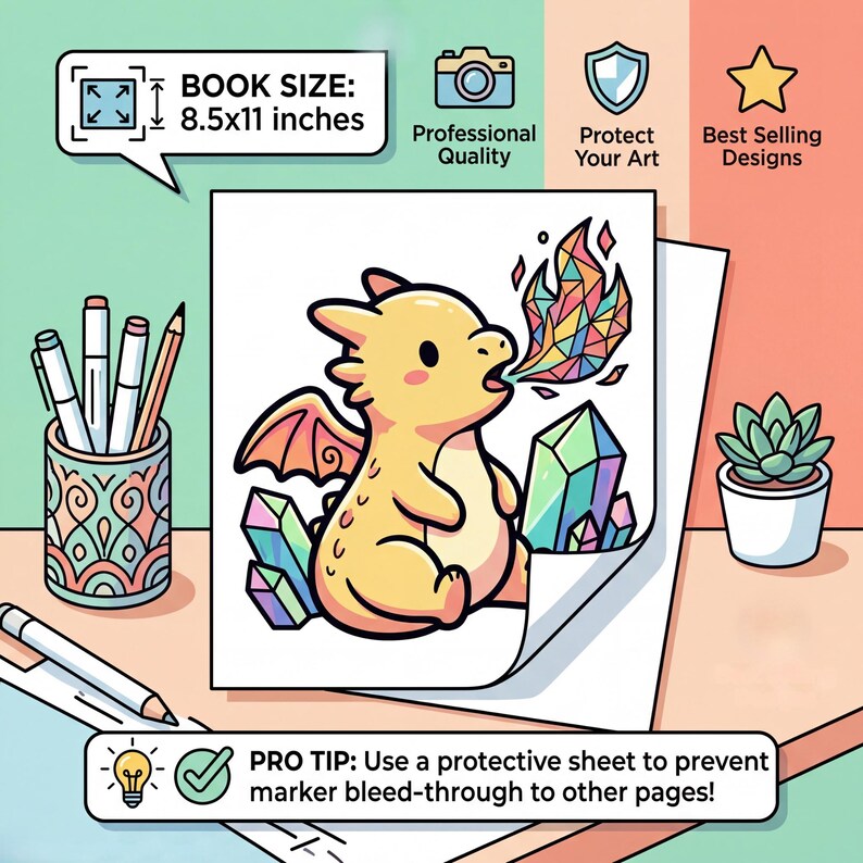 May include: A coloring book featuring a cartoon dragon illustration, with colored pencils and markers nearby. The book size is 21.6 x 27.9 cm. Text on the image reads "Professional Quality", "Protect Your Art", and "Best Selling Designs". A pro tip advises using a protective sheet.