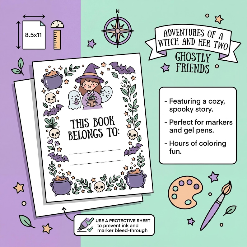 May include: A Halloween-themed coloring book with the title "Adventures of a Witch and Her Two Ghostly Friends." The cover features a witch, ghosts, bats, and cauldrons. The book measures 8.5x11 inches and includes the text "This Book Belongs To:"