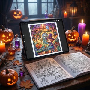 May include: A digital illustration of a witch watering plants on a tablet, with a coloring book open in front. Carved pumpkins, candles, and potion bottles create a Halloween theme. The tablet displays a colorful drawing of a witch in a greenhouse.