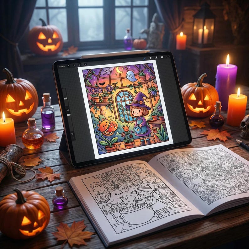 May include: A digital illustration of a witch watering plants on a tablet, with a coloring book open in front. Carved pumpkins, candles, and potion bottles create a Halloween theme. The tablet displays a colorful drawing of a witch in a greenhouse.