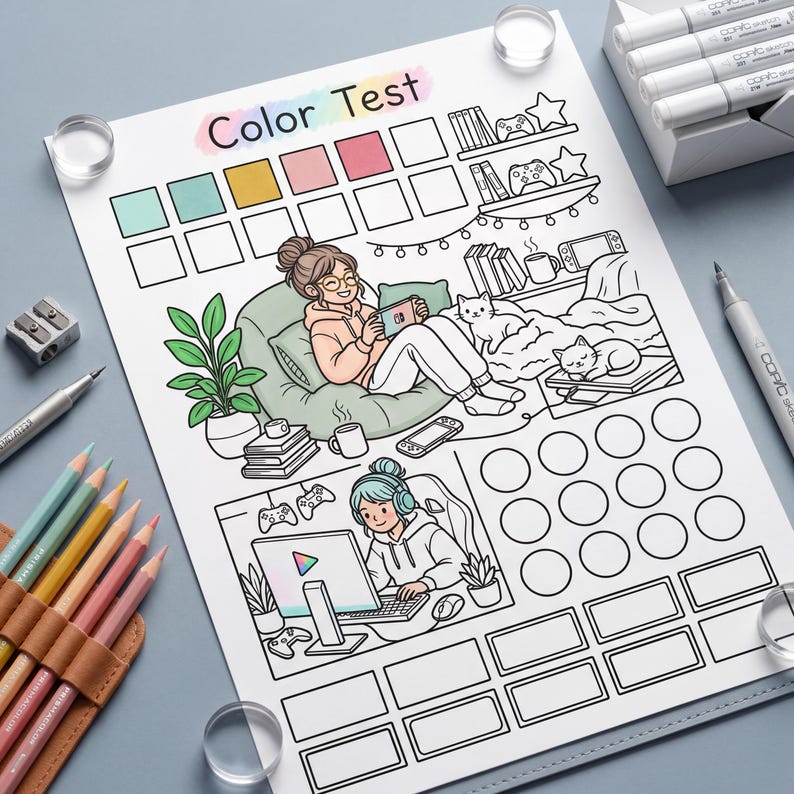 May include: A "Color Test" coloring page with a gaming theme. The illustration features a person relaxing with a handheld game console, a person gaming on a computer, and two cats. Colored pencils, markers, and a pencil sharpener are visible.