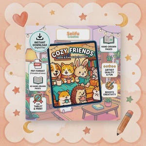 May include: A digital coloring book titled "Cozy Friends" featuring cartoon animals reading and drinking beverages. The cover art includes the text "Bold & Easy Coloring Book." Additional icons indicate instant download, PDF format, and tablet/print compatibility.