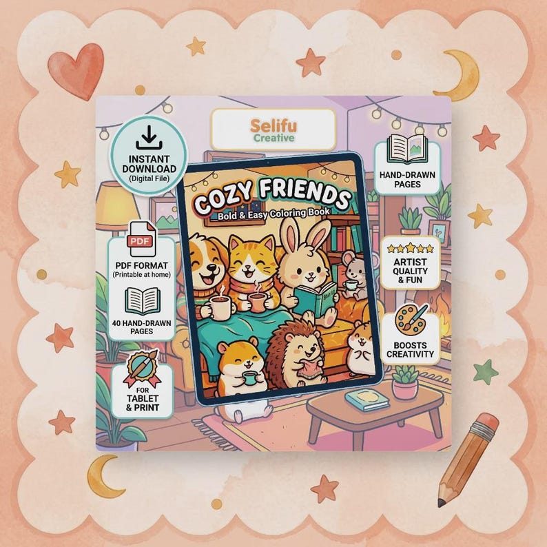 May include: A digital coloring book titled "Cozy Friends" featuring cartoon animals reading and drinking beverages. The cover art includes the text "Bold & Easy Coloring Book." Additional icons indicate instant download, PDF format, and tablet/print compatibility.