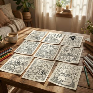 May include: A collection of coloring pages with whimsical illustrations, including witches, cats, and woodland creatures, arranged on a wooden table. Colored pencils and markers are visible, suggesting a creative activity. A cup of coffee sits nearby.