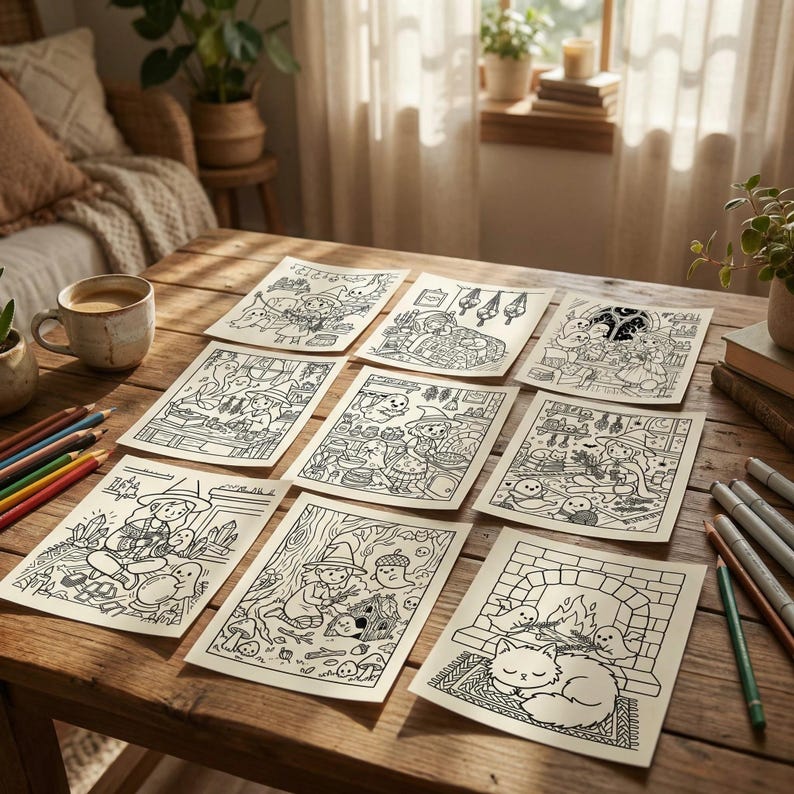May include: A collection of coloring pages with whimsical illustrations, including witches, cats, and woodland creatures, arranged on a wooden table. Colored pencils and markers are visible, suggesting a creative activity. A cup of coffee sits nearby.