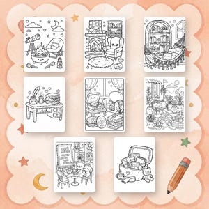 以下が含まれることがあります： 居心地の良いシーンを描いた、白黒の塗り絵が8枚集まったコレクション。各ページには、暖炉、読書コーナー、カフェなど、さまざまなインテリアが描かれています。ページは、星と三日月のある桃色の背景で囲まれています。