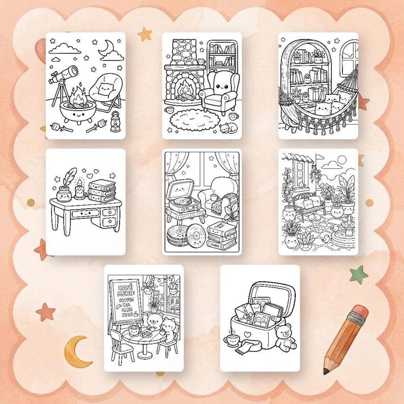以下が含まれることがあります： 居心地の良いシーンを描いた、白黒の塗り絵が8枚集まったコレクション。各ページには、暖炉、読書コーナー、カフェなど、さまざまなインテリアが描かれています。ページは、星と三日月のある桃色の背景で囲まれています。