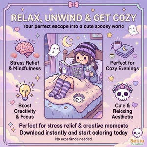 Pu&ograve; includere: Illustrazione digitale a tema viola, con una ragazza che legge un "Spooky Cozy Coloring Book" a letto. Il testo include "Relax, Unwind & Get Cozy" e "Download instantly and start coloring today". L'immagine promuove il sollievo dallo stress.