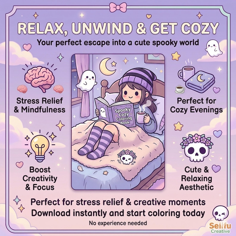 Pu&ograve; includere: Illustrazione digitale a tema viola, con una ragazza che legge un "Spooky Cozy Coloring Book" a letto. Il testo include "Relax, Unwind & Get Cozy" e "Download instantly and start coloring today". L'immagine promuove il sollievo dallo stress.