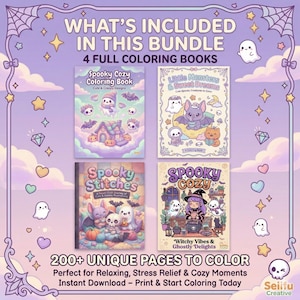 Pu&ograve; includere: Un pacchetto di quattro libri da colorare a tema spettrale. Le copertine presentano illustrazioni di fantasmi, pipistrelli, zucche e streghe. Il testo sull'immagine recita "What's Included in This Bundle" e "200+ Unique Pages to Color."