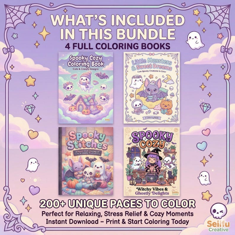 Pu&ograve; includere: Un pacchetto di quattro libri da colorare a tema spettrale. Le copertine presentano illustrazioni di fantasmi, pipistrelli, zucche e streghe. Il testo sull'immagine recita "What's Included in This Bundle" e "200+ Unique Pages to Color."