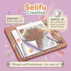 Pu&ograve; includere: Una pagina da colorare con un motivo floreale mandala &egrave; mostrata su una superficie di legno, con pennarelli colorati e il testo "Selifu Creative". Le dimensioni della pagina sono 21,6 x 27,9 cm (A4). L'immagine include il testo "Vibrant and Professional - for your art!"