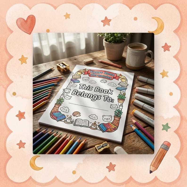 以下が含まれることがあります： 「This Book Belongs To:」のテキストと「Hygge Home Chronicles」のタイトルが付いた塗り絵ページ。本、植物、動物のイラストで飾られています。色鉛筆とマーカーが木製のテーブルの上にあります。