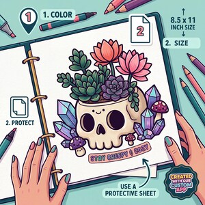 Puede incluir: Ilustraci&oacute;n caprichosa de una calavera con suculentas, cristales y setas. El dise&ntilde;o incluye el texto "Stay Creepy & Cozy" y mide 21,6 x 27,9 cm. La imagen tambi&eacute;n incluye instrucciones para el color y el tama&ntilde;o.