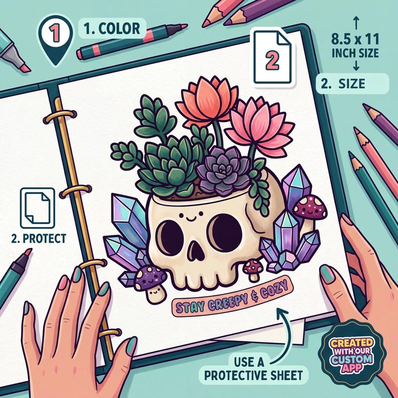 Puede incluir: Ilustraci&oacute;n caprichosa de una calavera con suculentas, cristales y setas. El dise&ntilde;o incluye el texto "Stay Creepy & Cozy" y mide 21,6 x 27,9 cm. La imagen tambi&eacute;n incluye instrucciones para el color y el tama&ntilde;o.