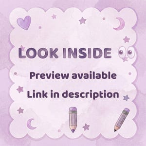 May include: A light purple watercolor design with the text "LOOK INSIDE", "Preview available", and "Link in description". The design includes stars, moons, a heart, and two pencils.