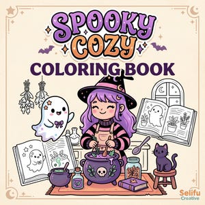 May include: A "Spooky Cozy Coloring Book" cover illustration. A witch with purple hair stirs a cauldron. A ghost, black cat, and open coloring books are also featured. The book cover has a light beige background with the text "Spooky Cozy Coloring Book".