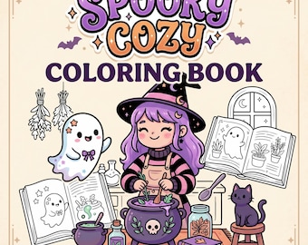 Spooky Cozy Coloring Book, Witchy Herbalist Ghost Friends, Bold Easy Pages (PDF + PNG Download)