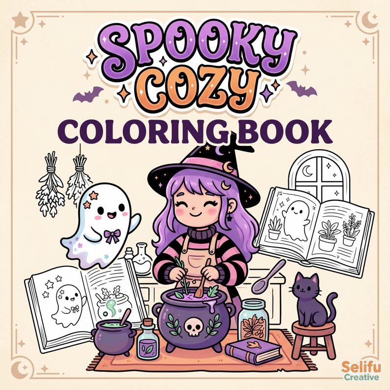 May include: A "Spooky Cozy Coloring Book" cover illustration. A witch with purple hair stirs a cauldron. A ghost, black cat, and open coloring books are also featured. The book cover has a light beige background with the text "Spooky Cozy Coloring Book".