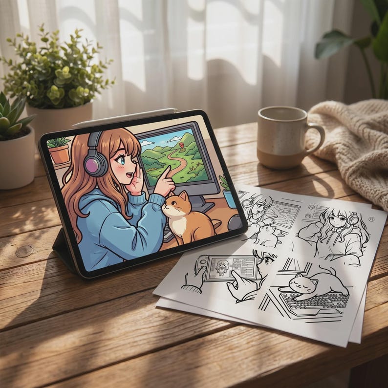 K&ouml;nnte beinhalten: Ein Tablet zeigt eine farbenfrohe Illustration im Anime-Stil einer Person mit langem Haar, die Kopfh&ouml;rer tr&auml;gt und auf einen Computerbildschirm neben einer Katze zeigt, mit ausgedruckten schwarz-wei&szlig;en Linienskizzen daneben.