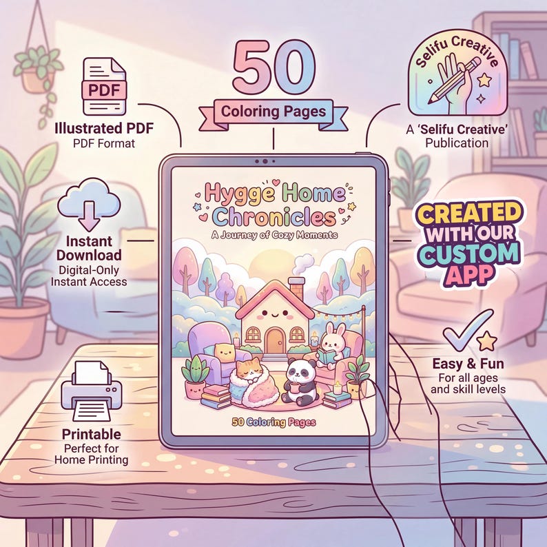 以下が含まれることがあります： タブレットに表示されたデジタル塗り絵本。タイトルは「Hygge Home Chronicles」で、家と動物のイラストが描かれています。「50 Coloring Pages」と表示され、インスタントダウンロード、印刷可能なPDF、アプリ作成を示すアイコンも含まれています。