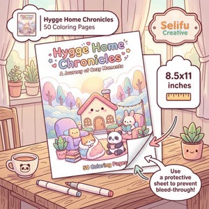 以下が含まれることがあります： 「Hygge Home Chronicles」というタイトルの塗り絵本、50ページ。表紙には、家、動物、そして「A Journey of Cozy Moments」というテキストの居心地の良いイラストが描かれています。本のサイズは21.6 x 27.9 cmです。