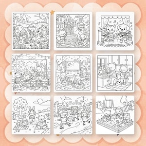 May include: Nine square illustrations of animals in various scenes, all in black and white. The scenes include animals playing music, picnicking, and playing in a sandbox. The illustrations are designed for coloring.