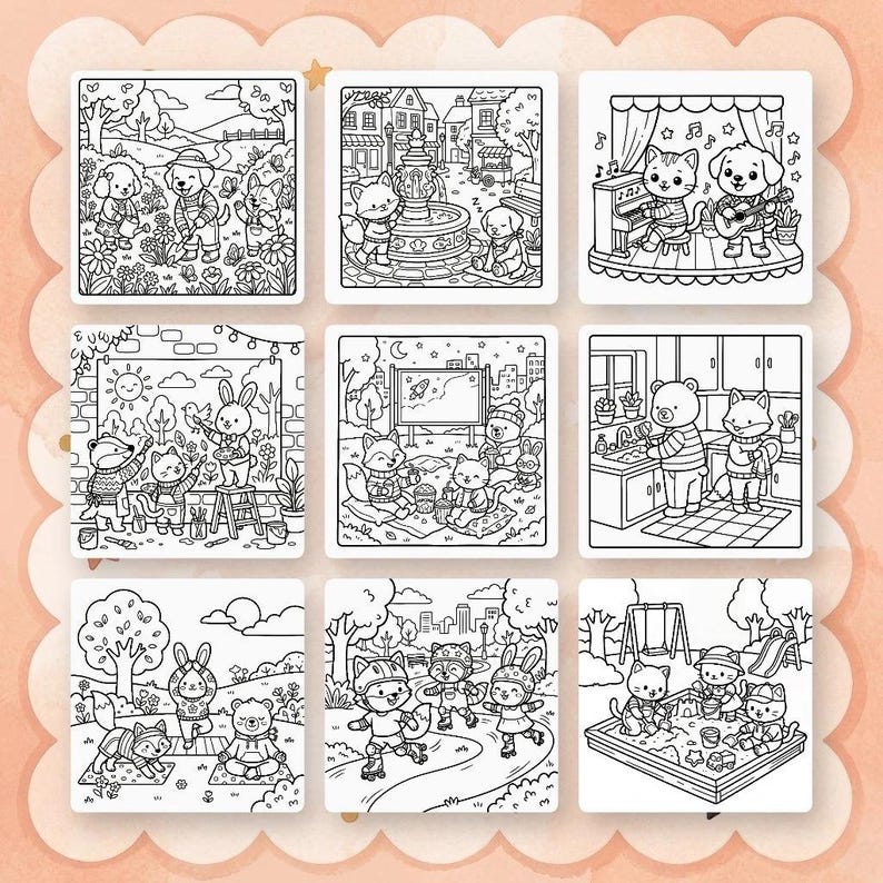 May include: Nine square illustrations of animals in various scenes, all in black and white. The scenes include animals playing music, picnicking, and playing in a sandbox. The illustrations are designed for coloring.