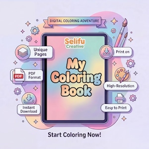 K&ouml;nnte beinhalten: Werbung f&uuml;r ein digitales Malbuch. Ein Tablet zeigt "My Coloring Book" mit dem Branding "Selifu Creative". Enth&auml;lt "Unique Pages", "PDF Format" und "Instant Download". Das Design ist von Sternen, Zahnr&auml;dern und Kunstzubeh&ouml;r umgeben.