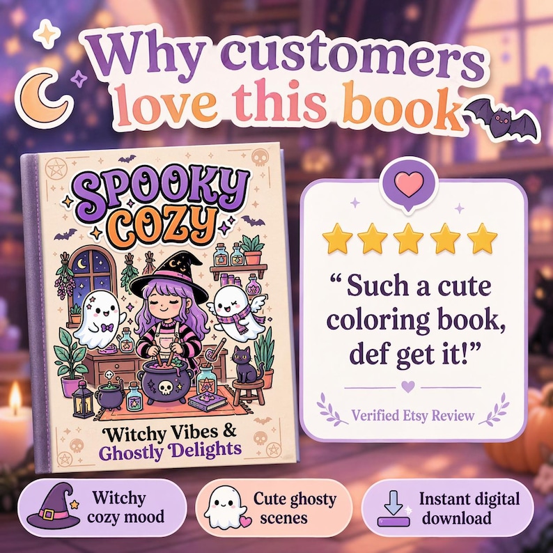 May include: A coloring book titled "Spooky Cozy" with illustrations of a witch, ghosts, and a black cat. The cover features the text "Witchy Vibes & Ghostly Delights." The image includes a customer review and icons.