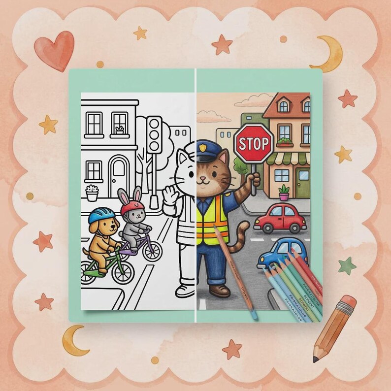 May include: A children's coloring book page featuring a split design. One side is a black and white outline of a town scene with animals on bikes. The other side is a colored version of the same scene, with a cat police officer holding a stop sign.